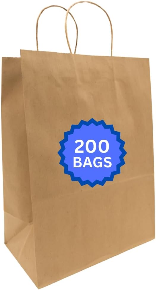 ASSUREPAK DIY Paper Bags - 200 units - Kraft Color - 12"x9"x16" - 74 LB (110 GSM strong) Twisted Handle - Kraft/Natural - Recyclable Food & Supermarket Bags for Decorating & Branding