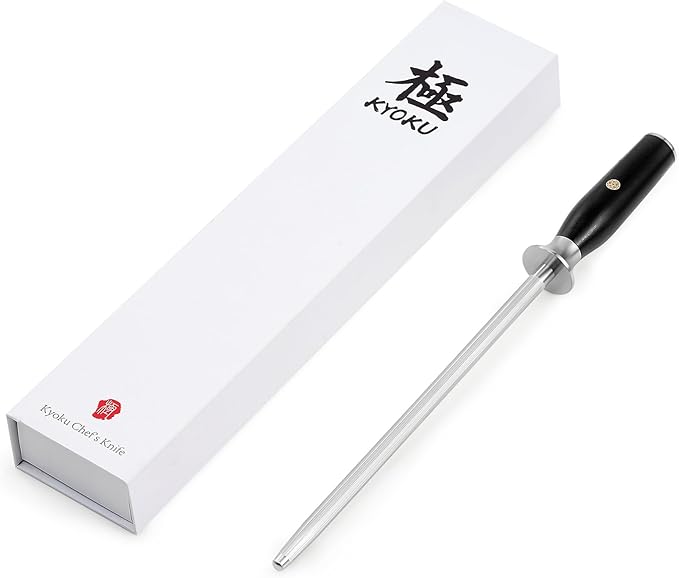 KYOKU 10 in. Honing Steel, Shogun Series Honing Rod with G10 Fiberglass Handle & Metal Hand Guard, Full Tang Knife Sharpener Rod, Sharpening Steel Knife Sharpener for Rolled Knife Edges with Gift Box