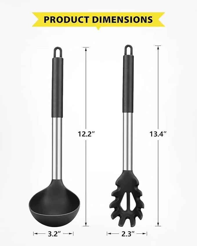 Silicone Kitchen Utensils Set, 4-Piece Non-Stick Cooking Tools, Large Spatulas with Pasta Fork and Ladle, Black