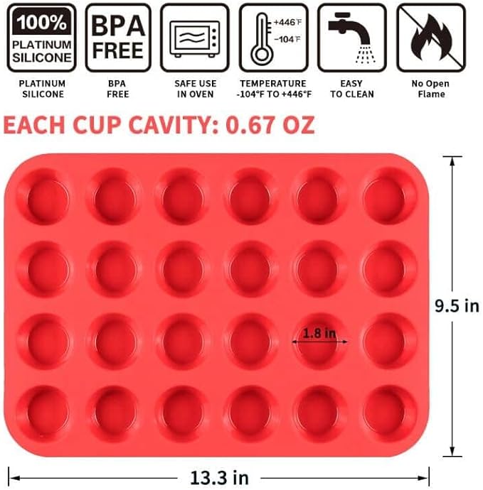 Silicone Mini Muffin Pan, 24 Cups Mini Cupcake Pans Silicone Muffin Tin for Baking Nonstick 2 Pack