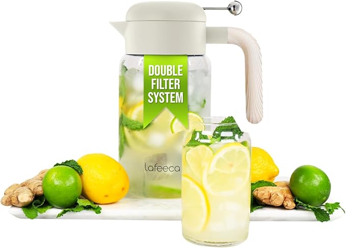 LAFEECA Iced Tea Maker and Infuser - Large Jug with Airtight Lid for Cold Brew - Stainless Dual Ultra Filter - Tritan Pitcher - 2000 ml / 68 oz - Dune