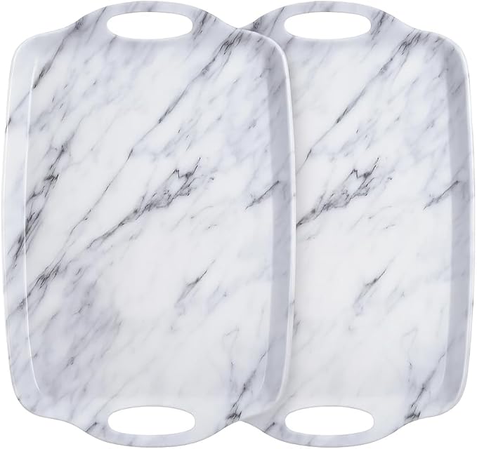 TP Serving Trays with Handles, 19 Inch Large Rectangular Melamine Serving Platter Set of 2, White Marble