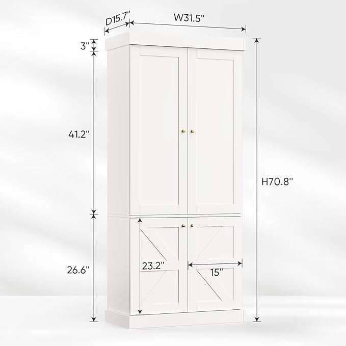 70.8" Tall Farmhouse Kitchen Pantry Cabinet with Doors, Modular Storage Cabinet with 4-Tier Adjustable Shelves, White, Wooden Hutch for Kitchen, Living Room, Set of 2