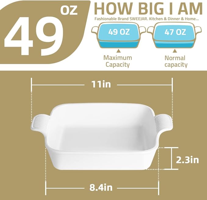Sweejar Ceramic Baking Dish, 8 x 8 Cake Baking Pan for Brownie, Porcelain Square Bakeware with Double Handle for Casserole, Lasagna, Family Dinner (Dark Turquoise)