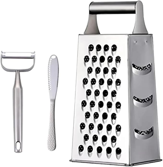 4 Sides Box Grater For Kitchen,Stainless Steel Cheese Grater With Handle,Multi-Function Vegetable Slicer Food Shredder For Chees,Ginger,Vegetables,Dishwasher Safe, Silver