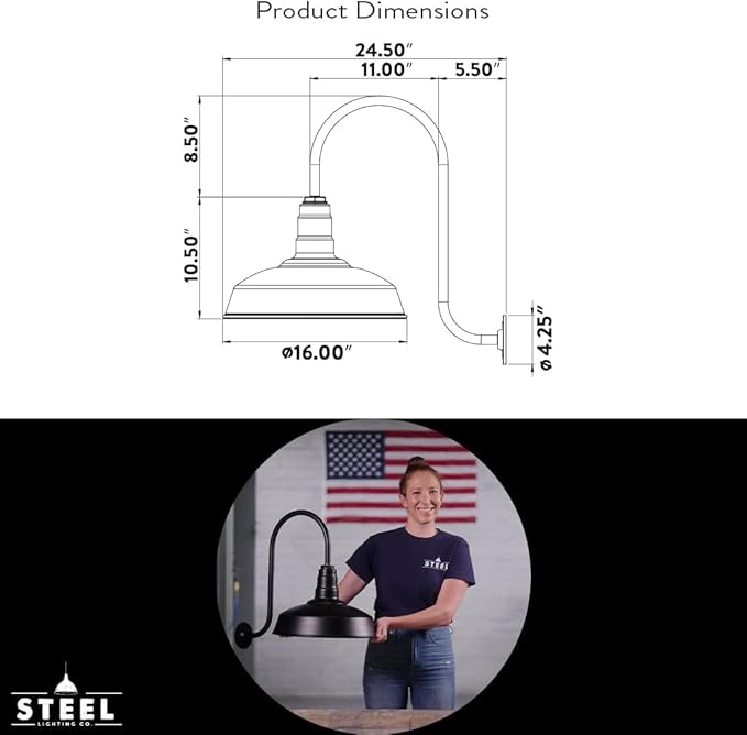 Steel Lighting Co. Gardena Barn Light | Outdoor Wall Mounted | 16" Dome | Upward Sloping Gooseneck | Farmhouse Light Made in America | Hunter Green Exterior/Brass Interior