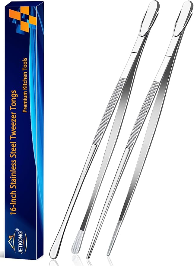 JETKONG 2 Pcs 16-Inch Kitchen Tweezers Extra Long Tweezer Tongs, Heavy Duty Stainless Steel Cooking Tweezers (Silver)