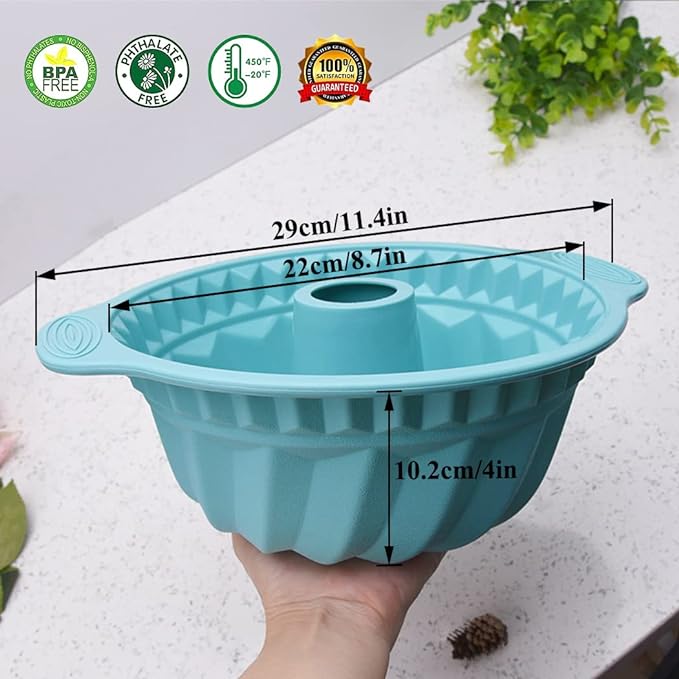 Kenond 2 PCS 9.5 Inch Silicone Cake Pans, Non-stick Fluted Cake Pan with Sturdy Handle, Cake Baking Molds, Perfect Bakeware for Cake, Jello, Gelatin, Bread, Para Gelatinas (Blue)