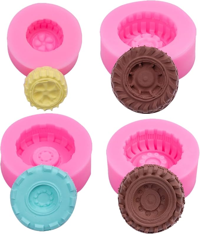 4Pcs 3D Round Tire Fondant Molds Truck Wheel Silicone Molds for Sugarcraft Cake Decoration, Biscuit Cookies, Chocolate, Candy, Polymer Clay, Soap, Jelly