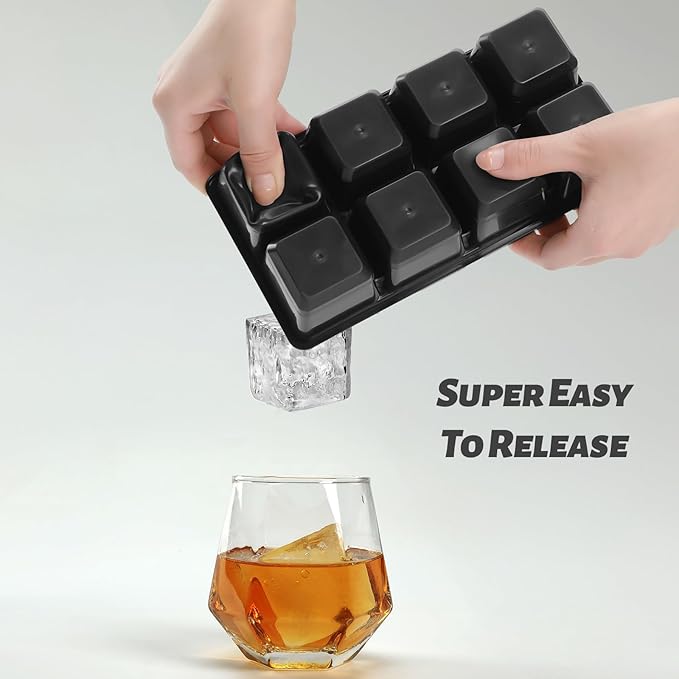 Large Ice Cube Molds 2 Pack, FURNSII Silicone Ice Cube Tray for Freezer with Lid, 8 Giant Square Cubes, Easy Release Stackable Ice Molds for Whisky Cocktails (Black)