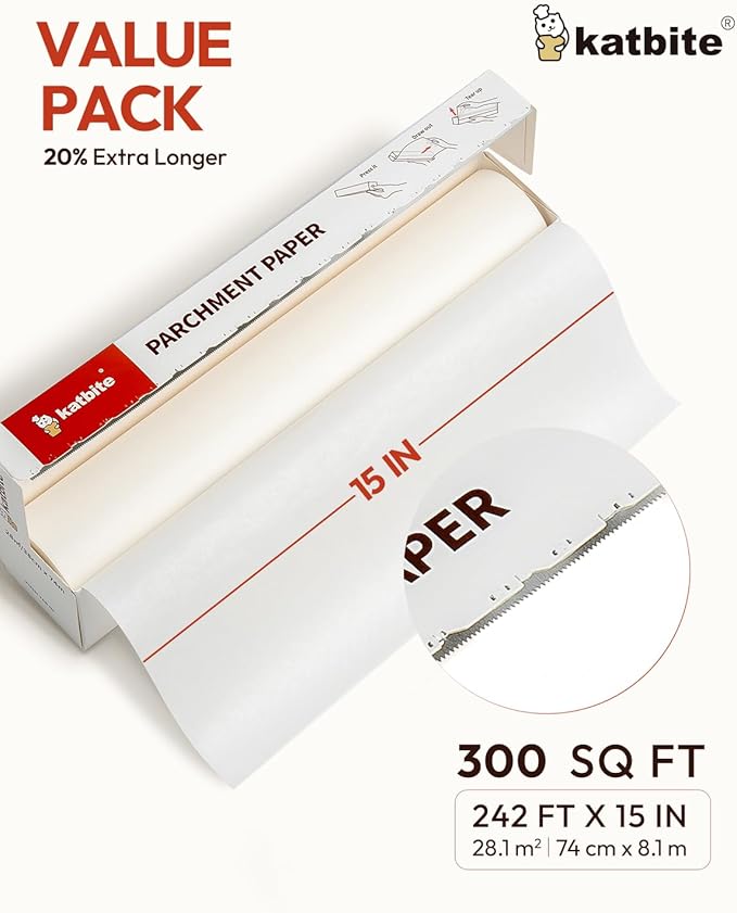 Katbite 15in x 242ft, 300 Sq.Ft Value Pack Parchment Paper Roll for Baking, Parchment Baking Paper with Serrated Cutter, Heavy Duty & Value Pack Roll for Cooking, Air Fryer, Steaming, Bread