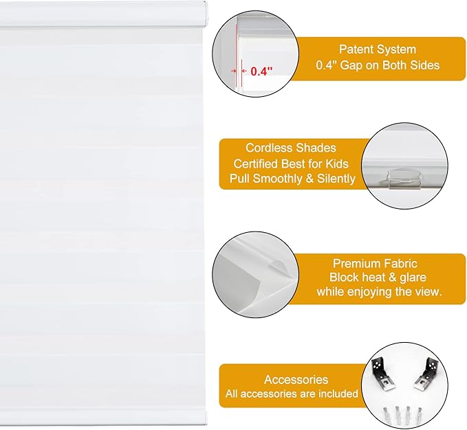 Persilux Cordless Zebra Blinds for Indoor Windows, Free-Stop Zebra Blinds Cordless, Light Filtering Sheer Shades Dual Layer for Day and Night, Zebra Roller Shades for Home (34.5" W X 64" H, Grey)