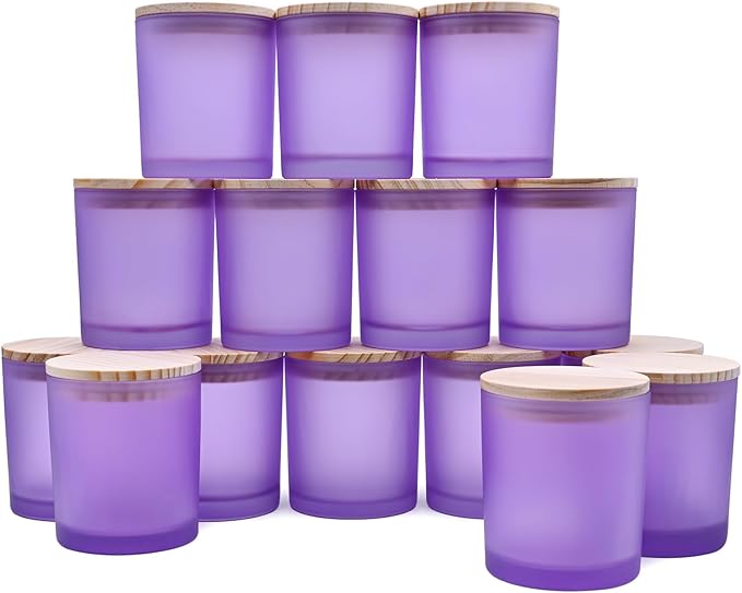 10 OZ Thick Candle Jars for Making Candles 15 Pcs, Empty Jars with Wood Lids for Candle Making, Sample Container, Frosted Purple