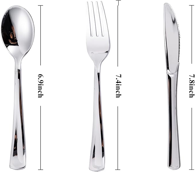 N9R 300PCS Silver Plastic Silverware Set, 100 Forks, 100 Spoons, 100 Knives, Heavy Duty Disposable Cutlery for Parties, Fancy Disposable Flatware for Weddings, and Daily Use