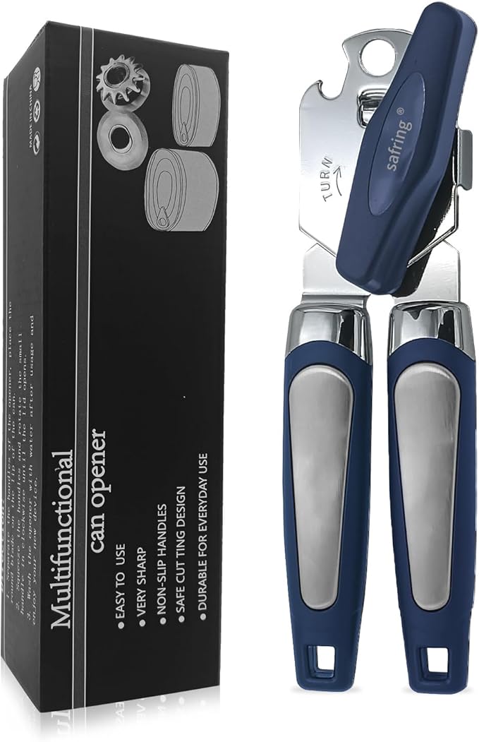 Can Opener Manual, Handheld Strong Heavy Duty Stainless Steel Can Opener, Comfortable Handle, Sharp Blade Smooth Edge, Can Openers with Multifunctional Bottle Opener, Blue