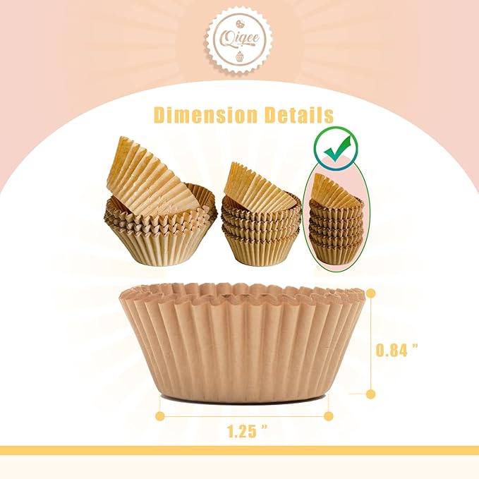 qiqee 600 Count Mini Cupcake Liners Natural Muffin Liners Food Grade Brown Baking Cups Paper No Smells（Small Size）