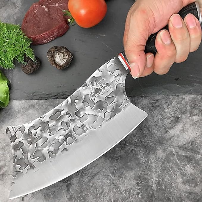 BLADESMITH Butcher Knife 8“, Forged Meat Cleaver Kitchen Knives, Curved High Carbon Steel Blade, PakaWood Handle, for Slicing and Cutting