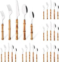 30PCS Silverware Set for 6, Bamboo Handle Flatware Set, Stainless Steel Cutlery Set for Home Restaurant and Party, Bamboo Forks Spoons and Knives Set, Polished Tableware
