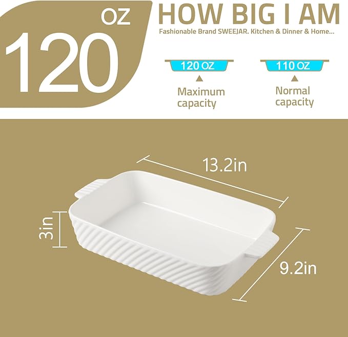 Sweejar Ceramic 13 x 9 Baking Pan, Cake Baking Dish for Brownie, Porcelain Striped Casserole Dishes for Oven with Handle for Lasagna, Family Dinner(Turquoise)
