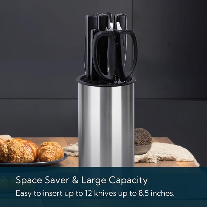 KITCHENDAO Universal Stainless Steel Knife Block,Round Kitchen Knife Holder without Knives, Modern Countertop Space Saver Knife Storage Stand with Slots for Scissors,Detachable for Easy Cleaning