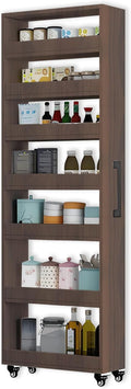 7-Tier Slim Storage Cart, Wooden Rolling Pantry Cabinet with Wheels, Narrow Shelf Organizer for Kitchen, Bakers Rack, Dining Room, Closet, Small Spaces Gray 47.2" H*5.9" W*16.9" D