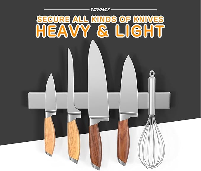 Ninonly 12 Inch Magnetic Knife Holder for Refrigerator, Stainless Steel Double Sided Magnet Knife Strip for Wall, No Drilling Magnetic Knife Rack with Powerful Magnetic Pull Force Fridge Applicable