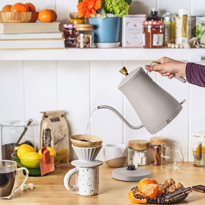 Beautiful 1L Electric Gooseneck Kettle, Precision Pour Spout, 1200W Fast Boil, Auto Shut-Off, Cordless, Stainless Steel, Tea & Coffee Maker with Ergonomic Handle, Matte Finish (Porcini Taupe)