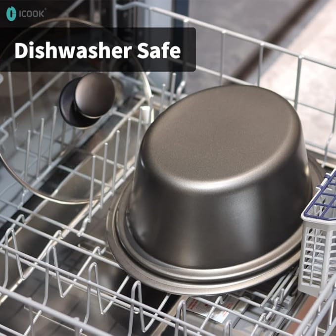 ICOOK USC-65-OP001BL 6.5 Quart Slow Cooker,Aluminium Sear/Sauté Stew Pot Stovetop safe,Dishwasher Safe,Glass Lid,Adjustable Temp,Food Warmer(Blue)