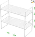 Expandable Cabinet Storage Shelf Stackable Organizer Rack for Kitchen Bathroom Pantry Spice Cupboard Coffee Countertop Home Office Desk Heavy Duty Nonslip White Large 2 Packs