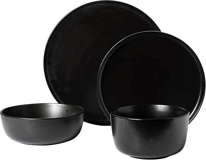 Gibson Elite James Street Stoneware Matte Reactive Double Bowl Dinnerware Set - Pepper Black, Service for 4 (16pcs)
