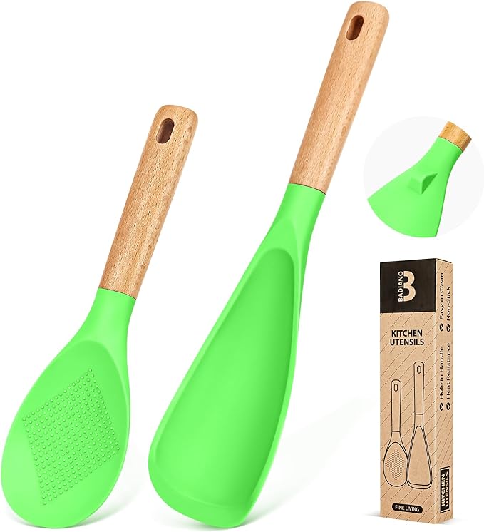 Cooking Spoon and Rice Scooper for Nonstick Cookwares, Great for Cooking and Serving Sturdy BPA-Free Matte Silicone, Wood Handle Spoon for Mixing, Scoop, and Scrape (Apple Green)