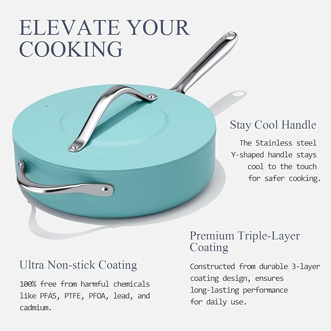 Nonstick Ceramic Sauté Pan with Lid (4.5 qt, 11") Deep Frying Pan for All Cooktops, Non Toxic Skillet PTFE/PFAS Free, Oven Safe up to 500°F w/ Stainless Steel Stay-Cool Handle, Caribbean Blue