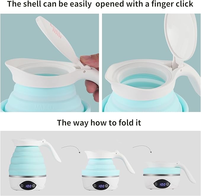 Collapsible Travel Kettle Electric Portable Foldable Kettle for Boiling Water, Suitable for 110V & 220V Dual Voltage, for Tea & Coffee, 850W Small Mini BPA-free Silicone Blue electric kettle