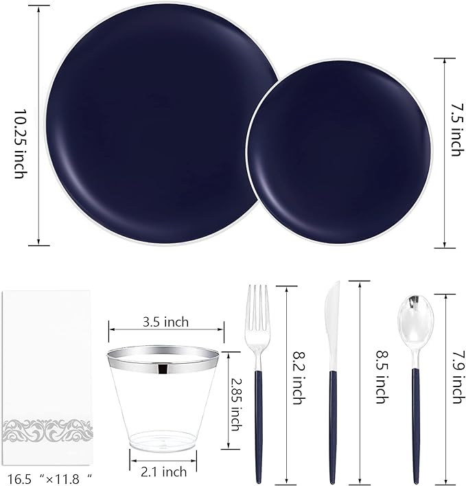 KIRE 175Pcs Blue Plastic Plates with Silver Rim & Disposable Silverware with Blue Handle & Silver-rim Cups & Hand Napkin & Plastic Dinnerware for Parties/Wedding