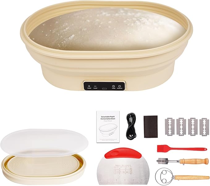 2L Heating Bread Proofing Basket Set Foldable Thermostatic Silicone Bowl with 77-122℉ 6 Gears Temperature & 6H Timer, for Artisan Baking Sourdough Starter Bread Making Supplies Tools Kit