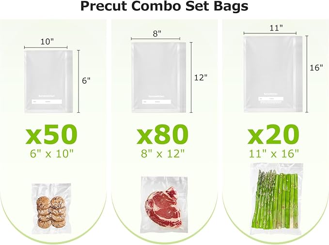Bonsenkitchen Precut Vacuum Sealer Bags, 20 Gallon 11" x 16"+ 80 Quart 8" x 12"+ 50 Pint 6" x 10", Commercial Grade, BPA Free, Food Sealer Bags for Vac Storage, Meal Prep or Sous Vide Cooking, VB15