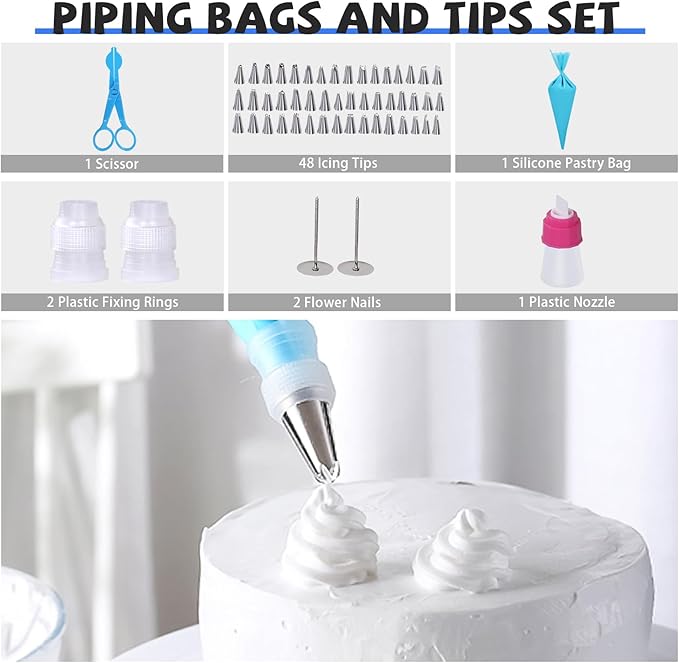 Uten 60PCs Cake Decorating Supplies Kit, Cake Decorating Stand Set with 11'' Cake Turntable, 48 Numbered Icing Piping Tips, 2 Spatulas, 3 Icing Comb Scraper, 1 Scissor, 1 Piping Bags, Baking Tools
