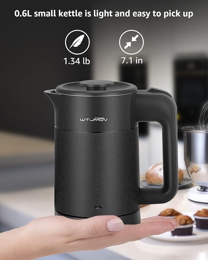 0.6L Small Electric Tea Kettle Lightweight, 20 Ounce Double Wall Hot Water Boiler Stainless Steel Auto Shut-off, 120V Portable Travel Electric Kettle Fast Boil for Tea and Coffee, Black