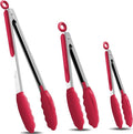 HOTEC Premium Stainless Steel Locking Kitchen Tongs with Silicon Tips, Set of 3-7", 9" and 12" (Red)