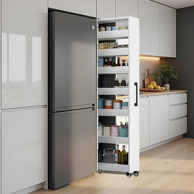 7-Tier Slim Storage Cart, Wooden Rolling Pantry Cabinet with Wheels, Narrow Shelf Organizer for Kitchen, Bakers Rack, Dining Room, Closet, Small Spaces Gray 47.2" H*9.8" W*16.9" D