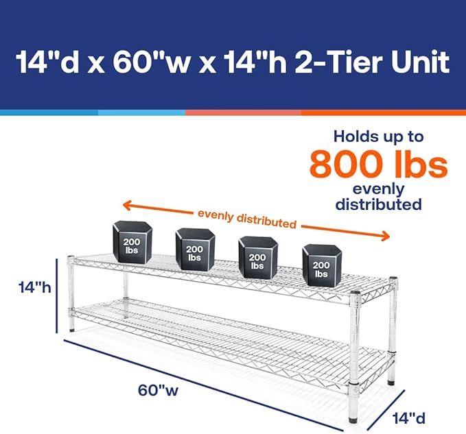 Shelving Inc. 14" d x 60" w Chrome Wire Shelving with 2 Tier Shelves, Weight Capacity 800lbs Per Shelf