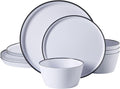 Gibson Home Folsom Shores 12 Piece Unbreakable Modern Melamine Plates and Bowls Dinnerware Set - Outdoor, Camping, & Everyday Use - White W/Black Rim