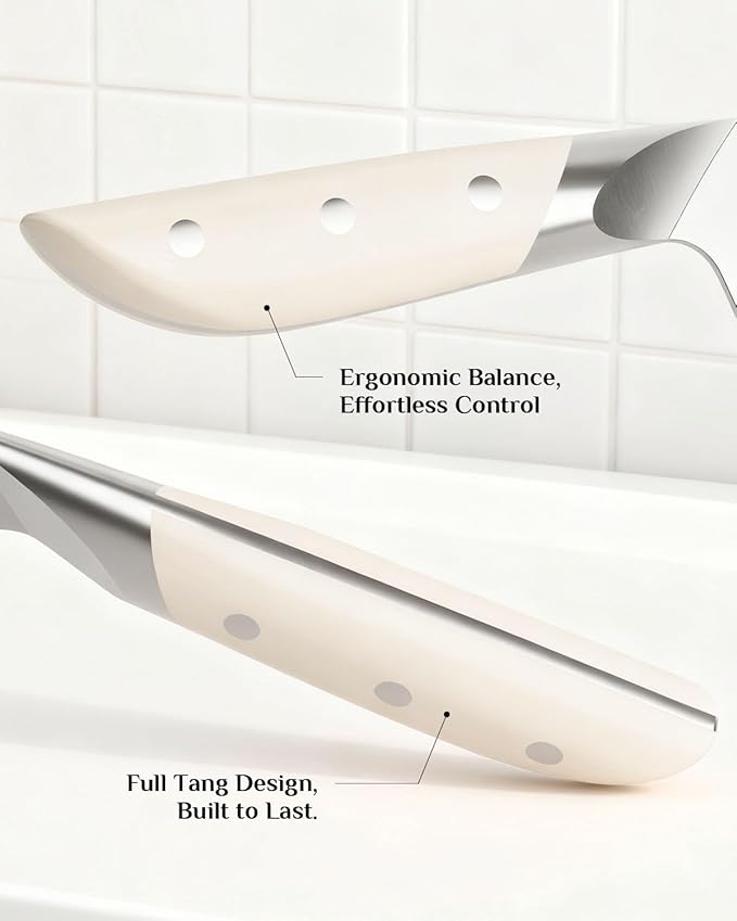 Knife Set - Haugo 14 PCS German Stainless Steel Kitchen Knife Sets with Block and Sharpener - Full Tang Knife Block Set and Ergonomic Handle - Elegant White- Obsidian Series