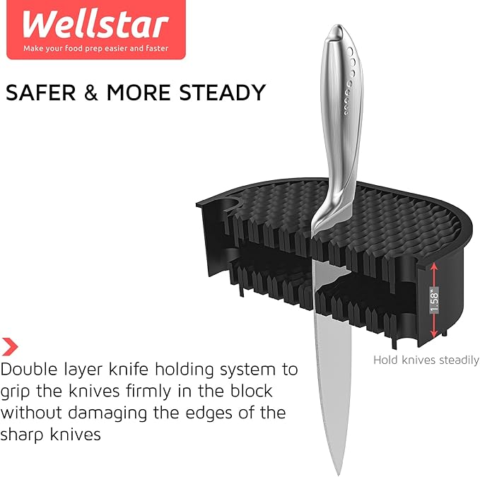 Universal Knife Block for Kitchen, WELLSTAR Knife Holder without Knives, Safe Space Saver Large Volume Stable Knife Storage with Scissors and Sharpening Rod Slot, Detachable for Easy Cleaning - Black