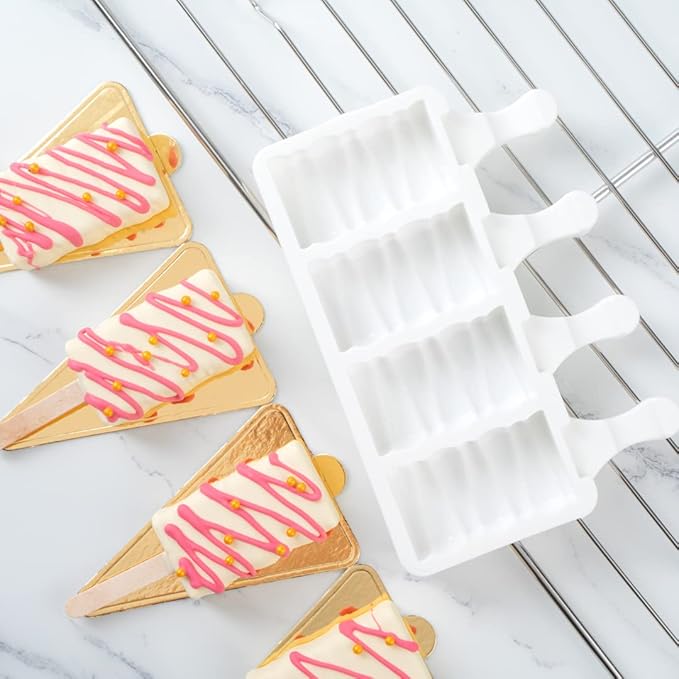 Pastry Tek 4 Cavities Popsicle Molds, 10 Rectangle Cakesicle Molds - Flexible, Freezable, White Silicone Cake Popsicle Molds, Easy Release, For Baking - Restaurantware