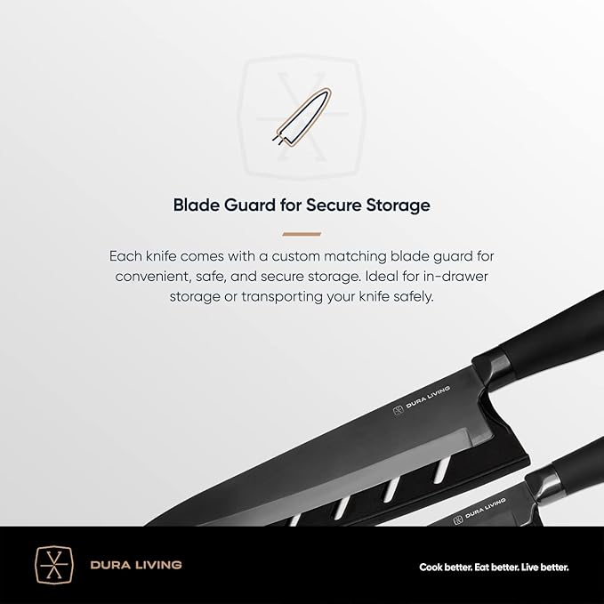 DURA LIVING Chef Knife, 8 Inch Nonstick Titanium Plated Stainless Steel Ultra Sharp Blade, With Ergonomic Comfort Grip Handle Chef's Cooking Knife, With Matching Sheath