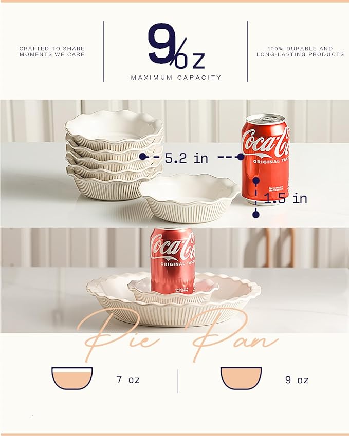 getstar Ceramic Mini Pie Pan Set of 6, Small Pie Dish for Baking, Non-Stick, Oven & Dishwasher Safe, Quiche Baking Dish, Pie Plate, Deep Dish Pie Pan (Stripes)