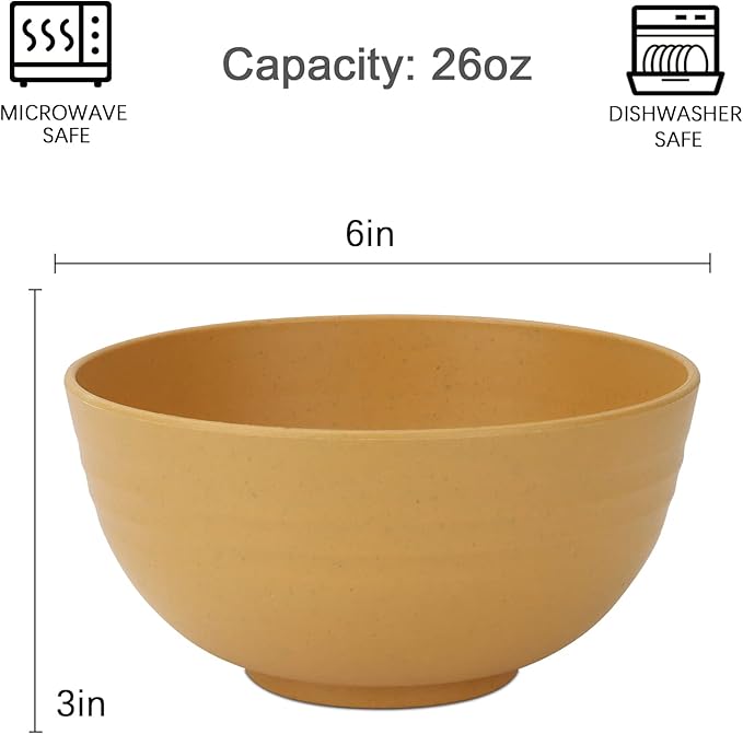 Homienly Unbreakable Cereal Bowls, Wheat Straw Bowl Set 8 PCS, Microwave and Dishwasher Safe Bowl for Soup, Cereal, Salad, Snack, Rice, Reusable Plastic Bowls for Kitchen, RV, Gathering (Yellow,26 OZ)