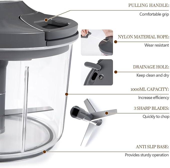 LHS Manual Food Processor Large Vegetable Chopper, 1000ML Pull String Chopper Garlic Mincer Onion Cutter for Veggies,Salad,Fruits, Nuts, BPA Free, GREY