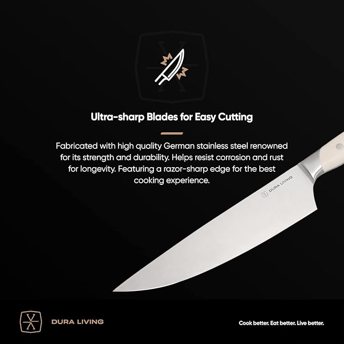 DURA LIVING 8-Inch Chef Knife – Ultra-Sharp German High Carbon Stainless Steel, Full Tang, Ergonomic Handle, Multipurpose Kitchen Knife for Chopping, Slicing, and Dicing, Cream